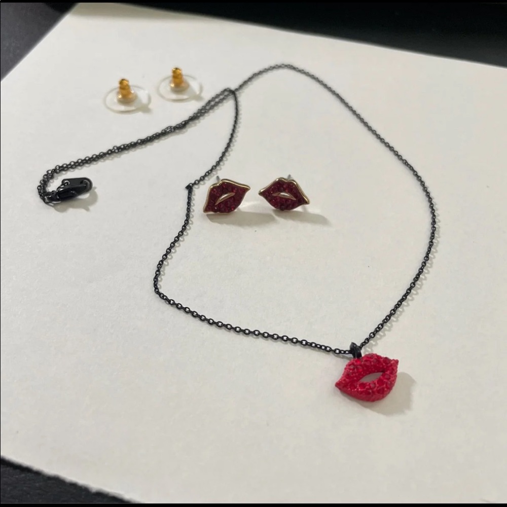 Red Lips Necklace and Ear Studs Set